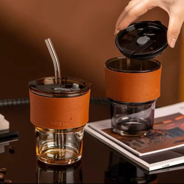 13.5oz versatile Drinking Glass Cup includes Straw & Leather Sleeve.