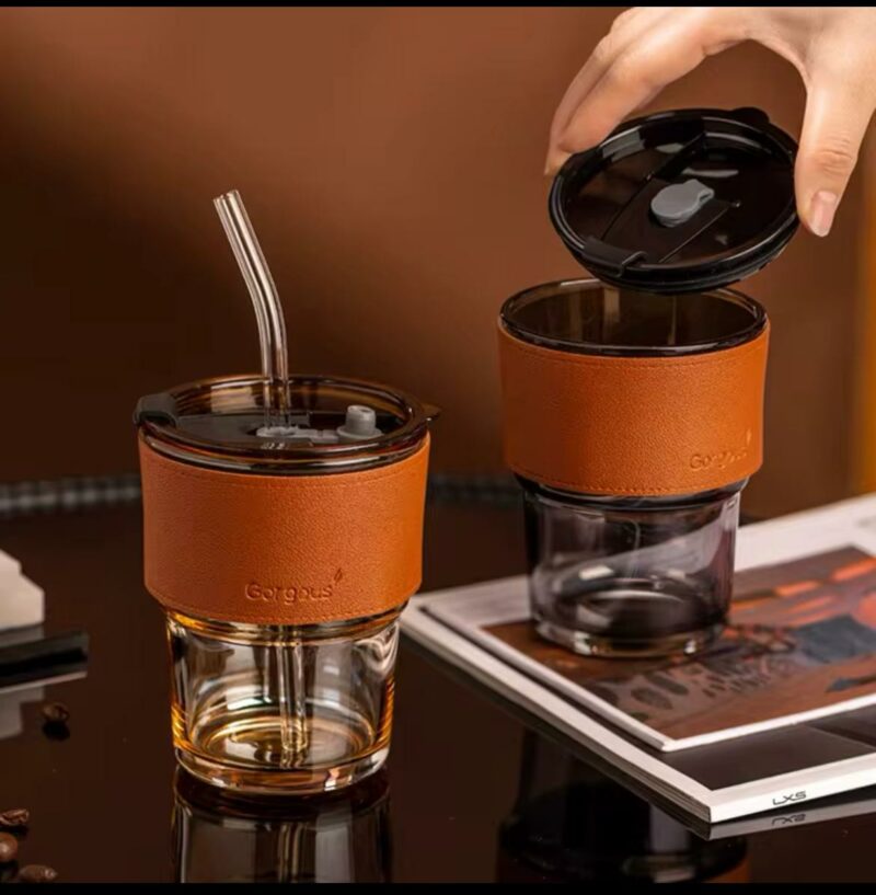 13.5oz versatile Drinking Glass Cup includes Straw & Leather Sleeve.