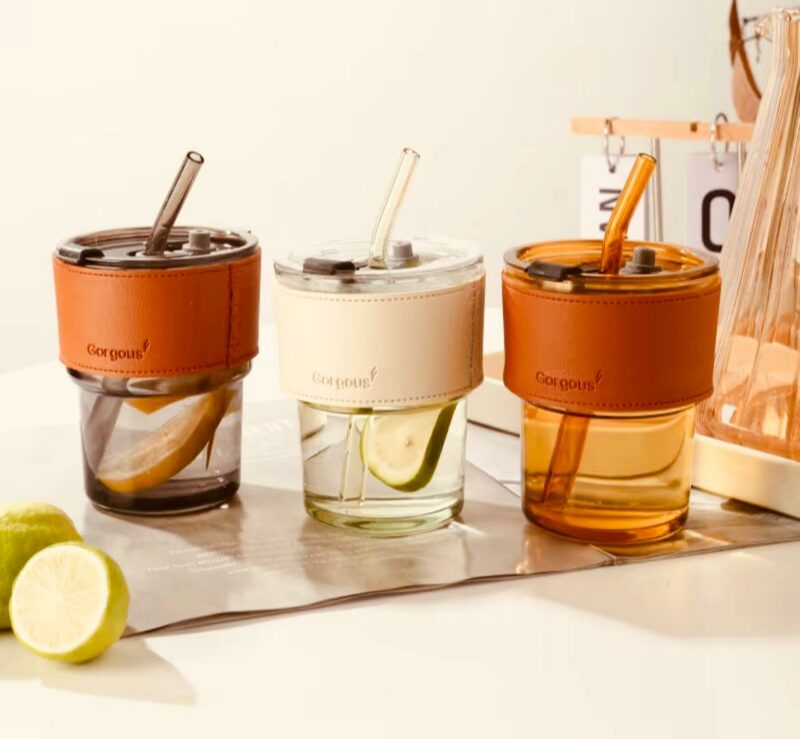 13.5oz versatile Drinking Glass Cup includes Straw & Leather Sleeve. - Image 3
