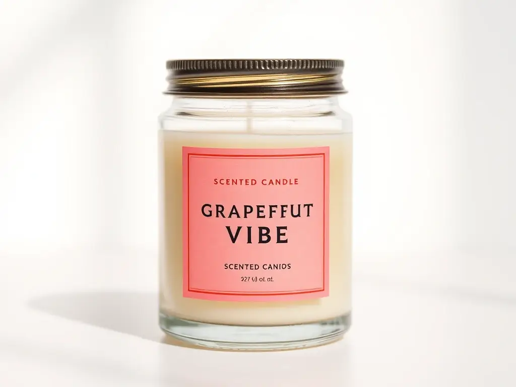 An image of a Grapefruit Vibe candle with its unique pink-toned label, emphasizing the design and branding.