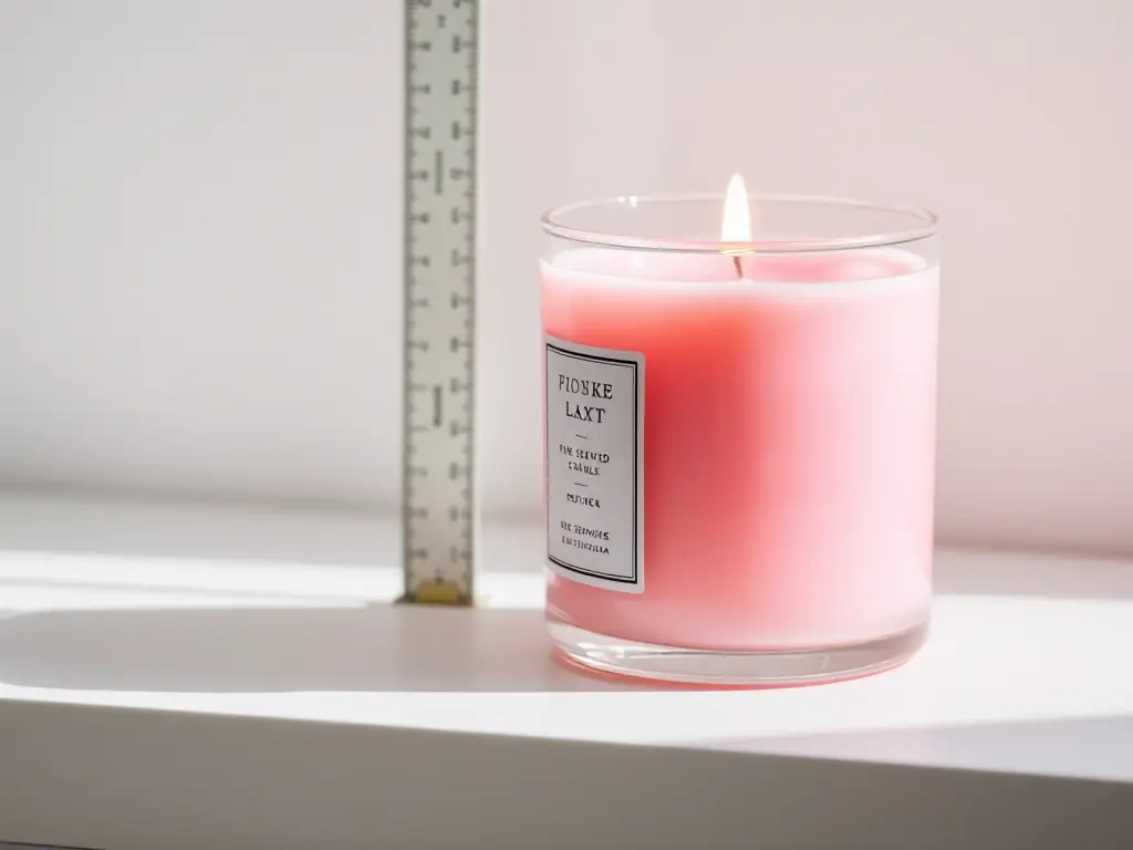 A detailed image showcasing the size and dimensions of a Grapefruit Vibe candle, with a ruler or measuring tape for scale.