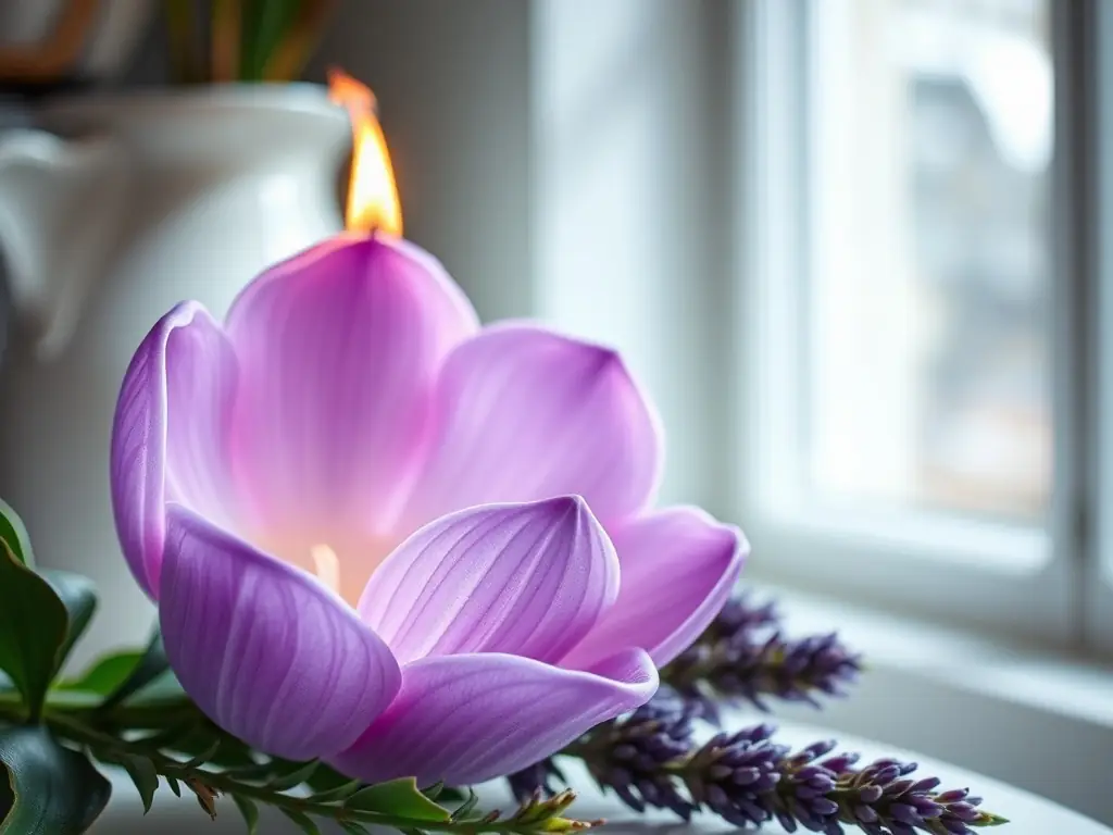 A close-up shot of a Grapefruit Vibe candle, highlighting the texture of the wax and the quality of the glass container. The candle is lit, casting a warm glow.